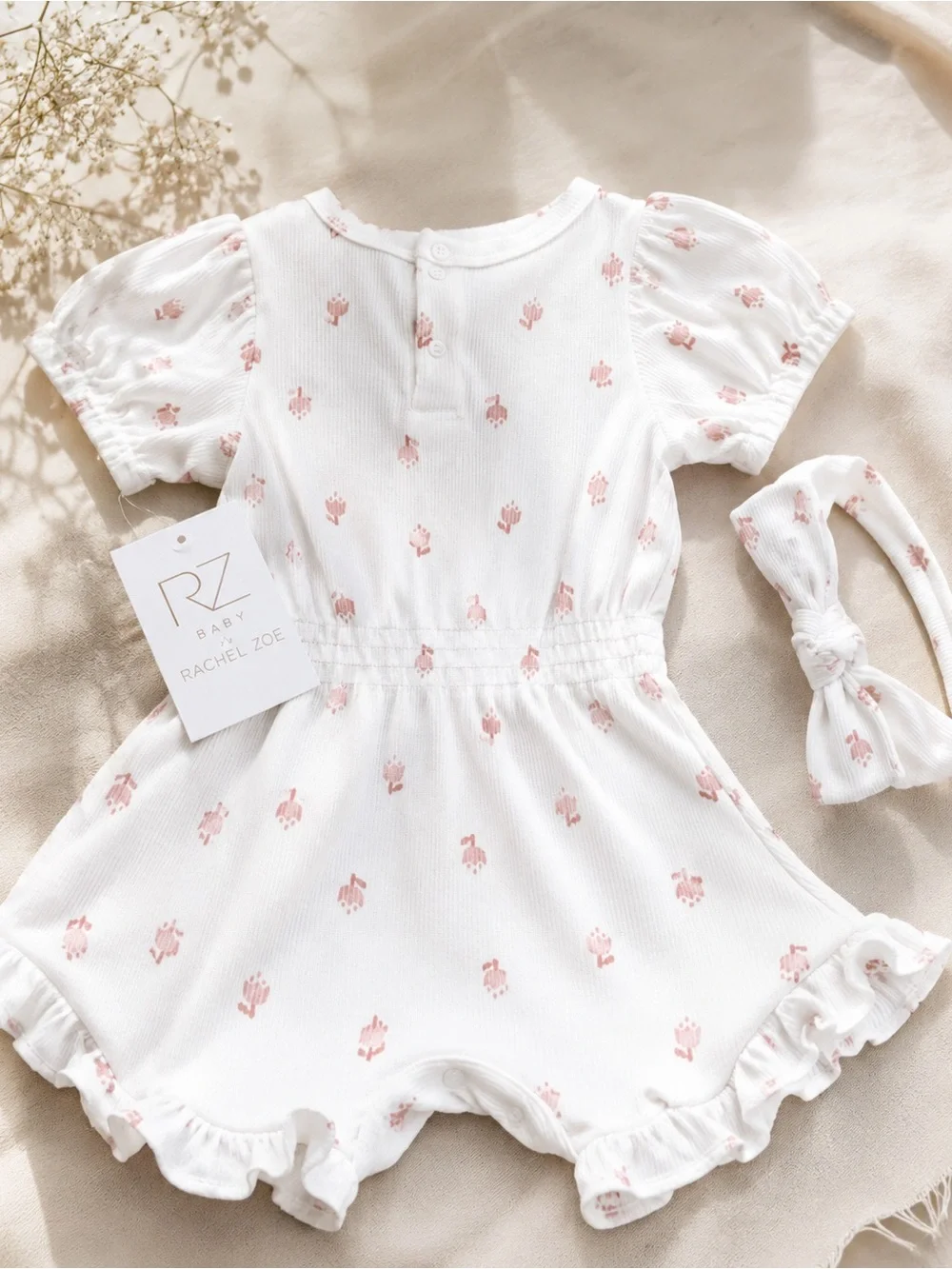 Rachel Zoe White and Pink Baby Romper with matching headband